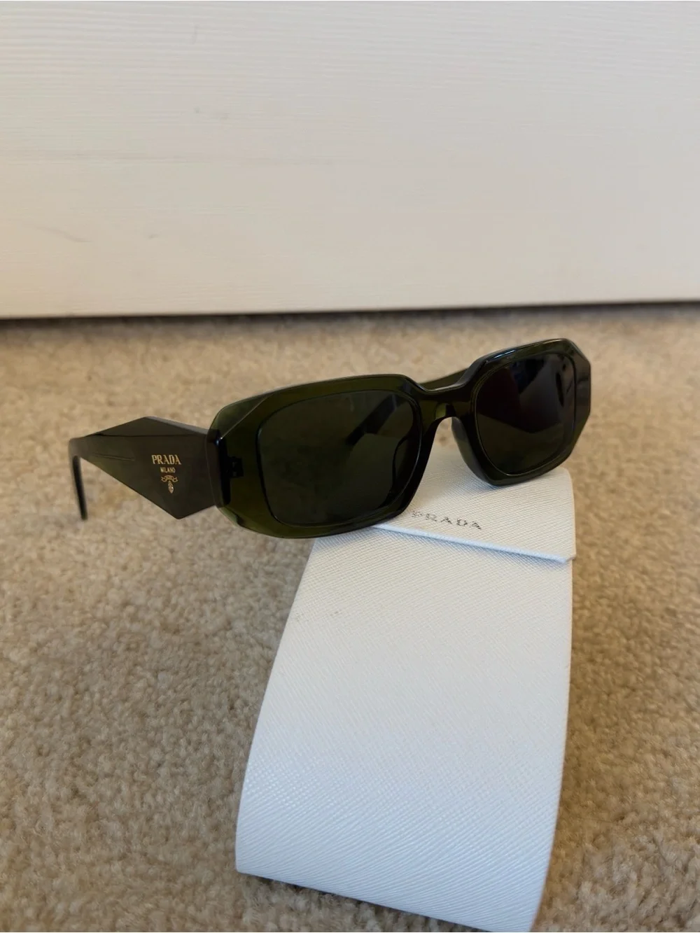 PRADA SPR 17W-F Rectangle Sunglasses Green Frame/Green Tinted Lenses UV400